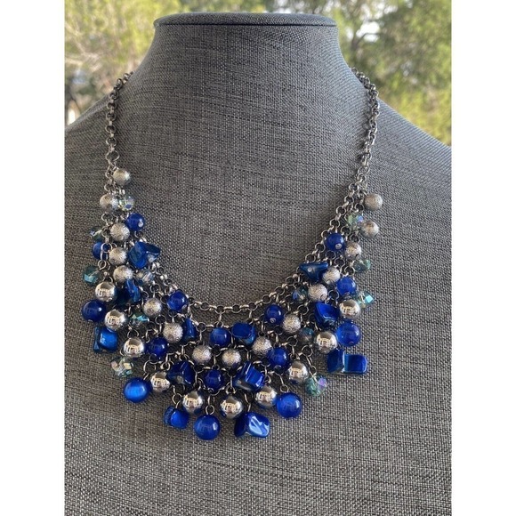 Necklace Fashion Apron Beaded Silver Tone Blue 19”+3” - Picture 1 of 9